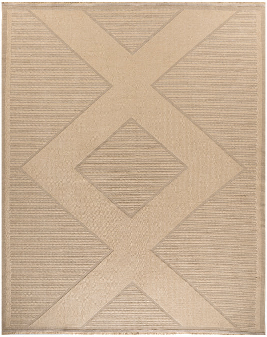 Beige woven rug with a large X motif and central diamond, striped panels for a modern neutral look.