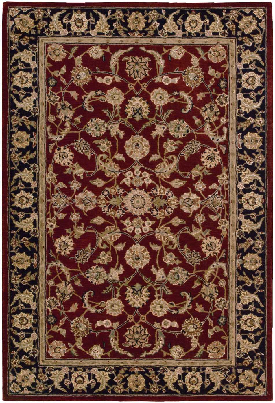 Ornate red Persian-style rug with gold and ivory floral pattern, beige inner border and navy outer border.