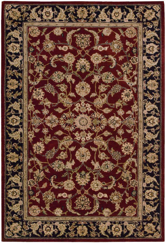 Ornate red Persian-style rug with gold and ivory floral pattern, beige inner border and navy outer border.