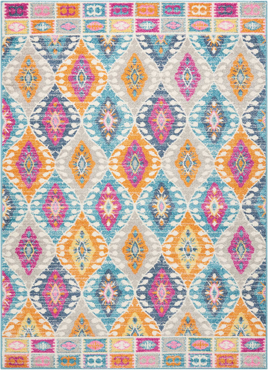 Vibrant rectangular area rug with an ikat diamond pattern in teal, orange, pink, and yellow on gray; colorful border.