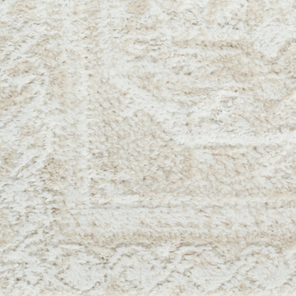 Cream shag rug with plush ivory pile and soft textured surface for cozy rooms.