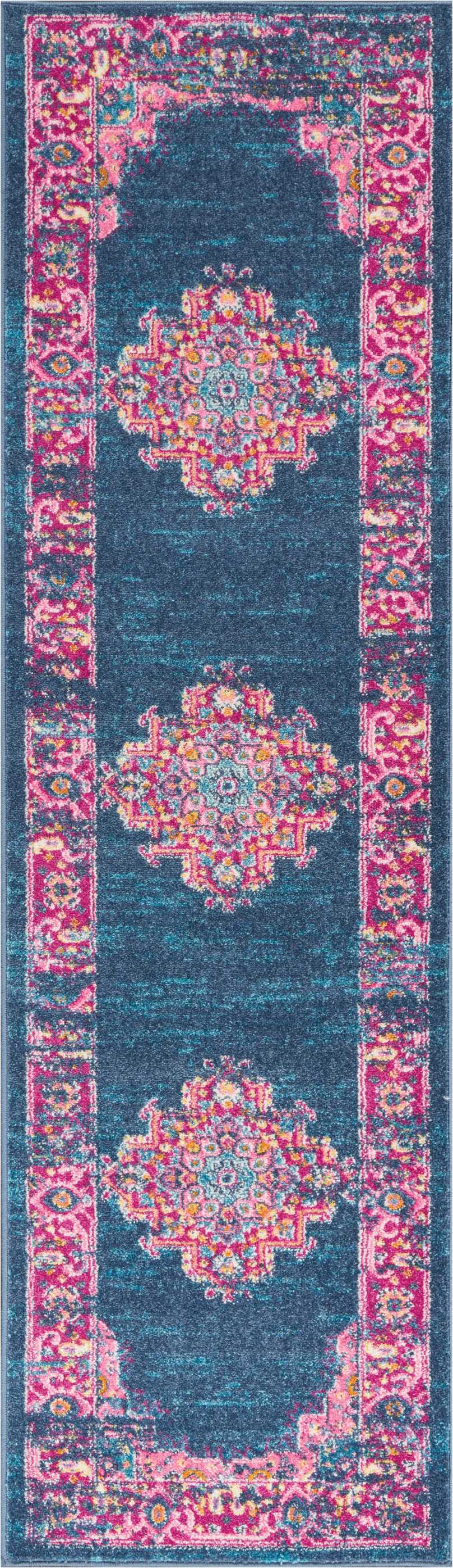 Teal oriental rug with vibrant pink floral border and multicolored central medallions, decorative vintage-style area rug.