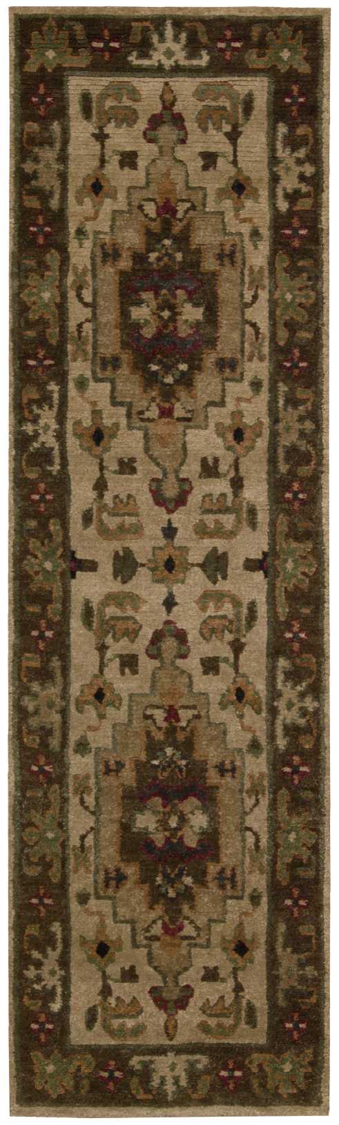 Traditional Oriental runner rug with beige field, dark brown border, and muted floral motifs in green, burgundy, blue.