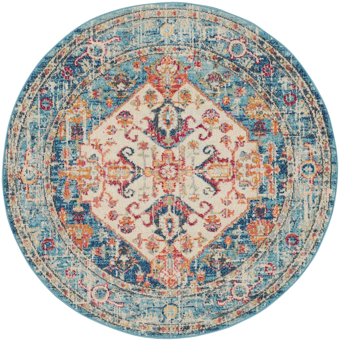 Round oriental rug with turquoise border and ivory center, ornate floral damask pattern in pink, teal and orange.