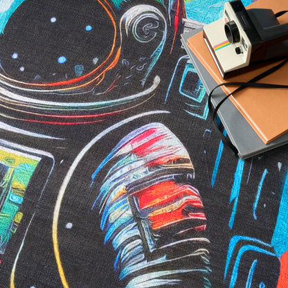 Polaroid-style instant camera atop brown notebooks on a vivid space-astronaut rug print.