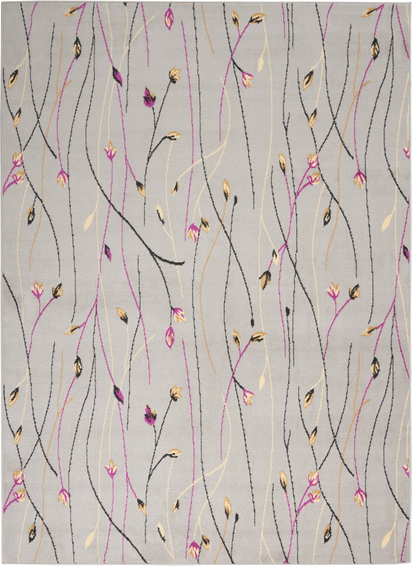 Rectangular light-gray area rug with abstract black, pink and gold curved lines and small leaf accents.