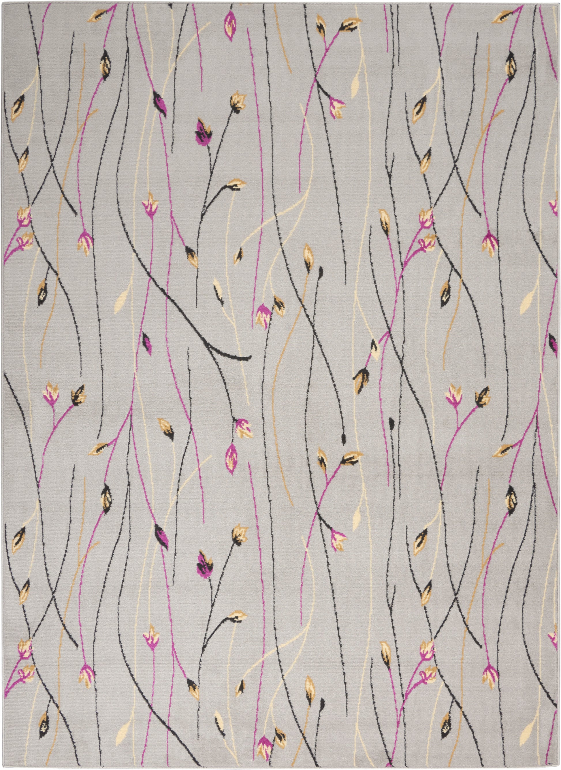 Rectangular light-gray area rug with abstract black, pink and gold curved lines and small leaf accents.