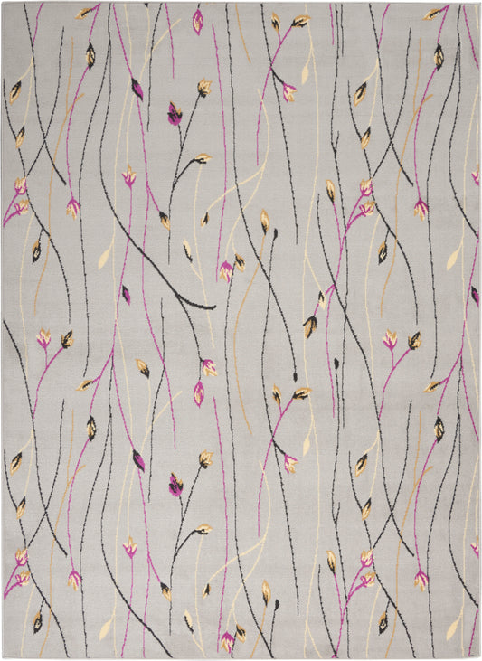 Rectangular light-gray area rug with abstract black, pink and gold curved lines and small leaf accents.