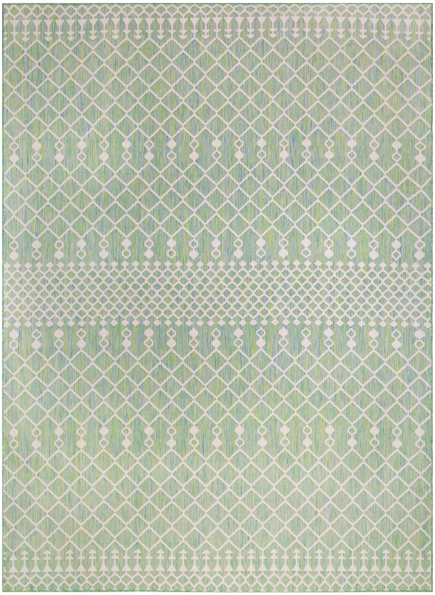 Green and white woven rug featuring a diamond lattice pattern with a dotted band for a modern geometric look.