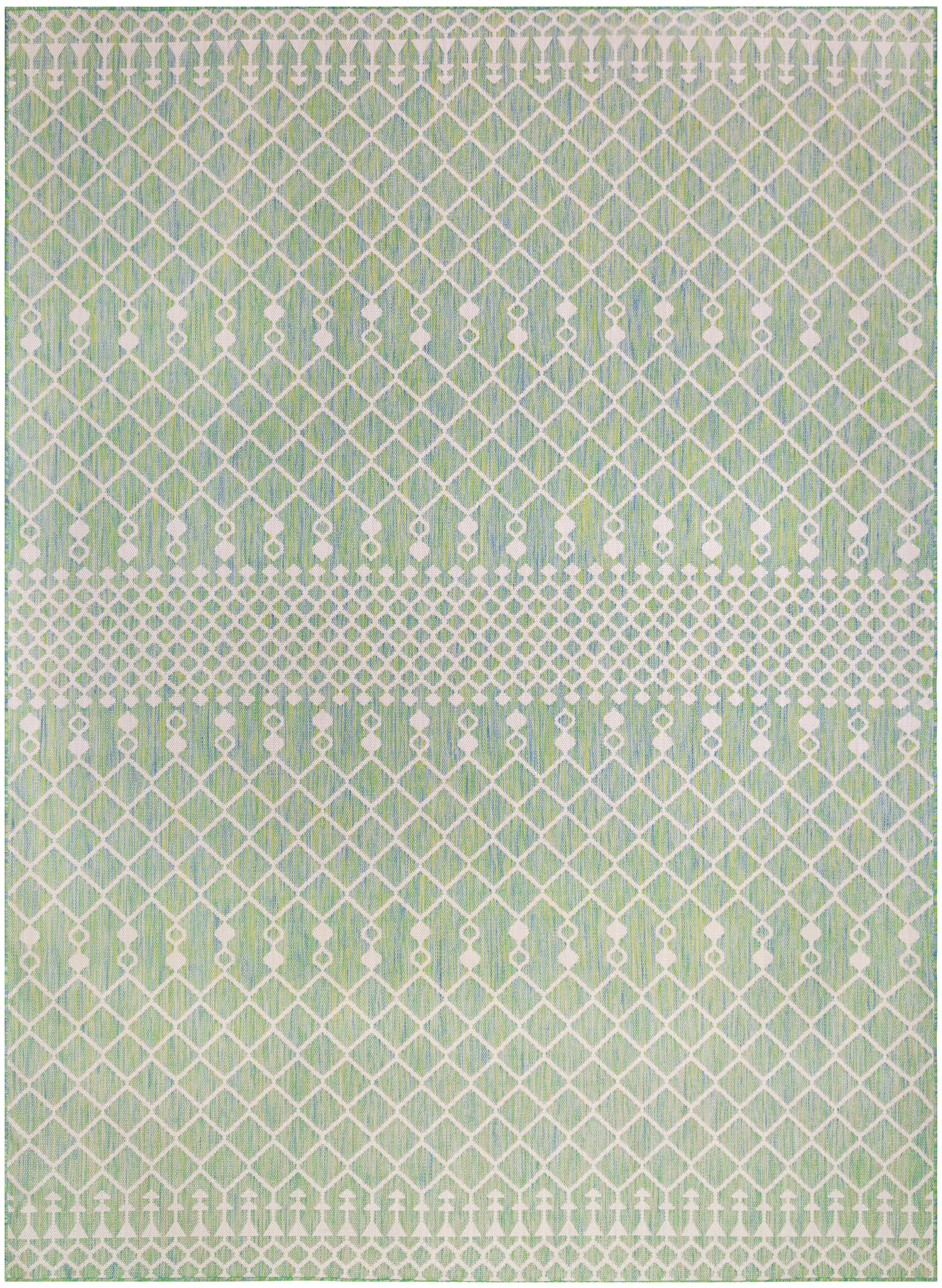 Green and white woven rug featuring a diamond lattice pattern with a dotted band for a modern geometric look.