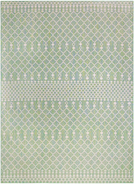 Green and white woven rug featuring a diamond lattice pattern with a dotted band for a modern geometric look.