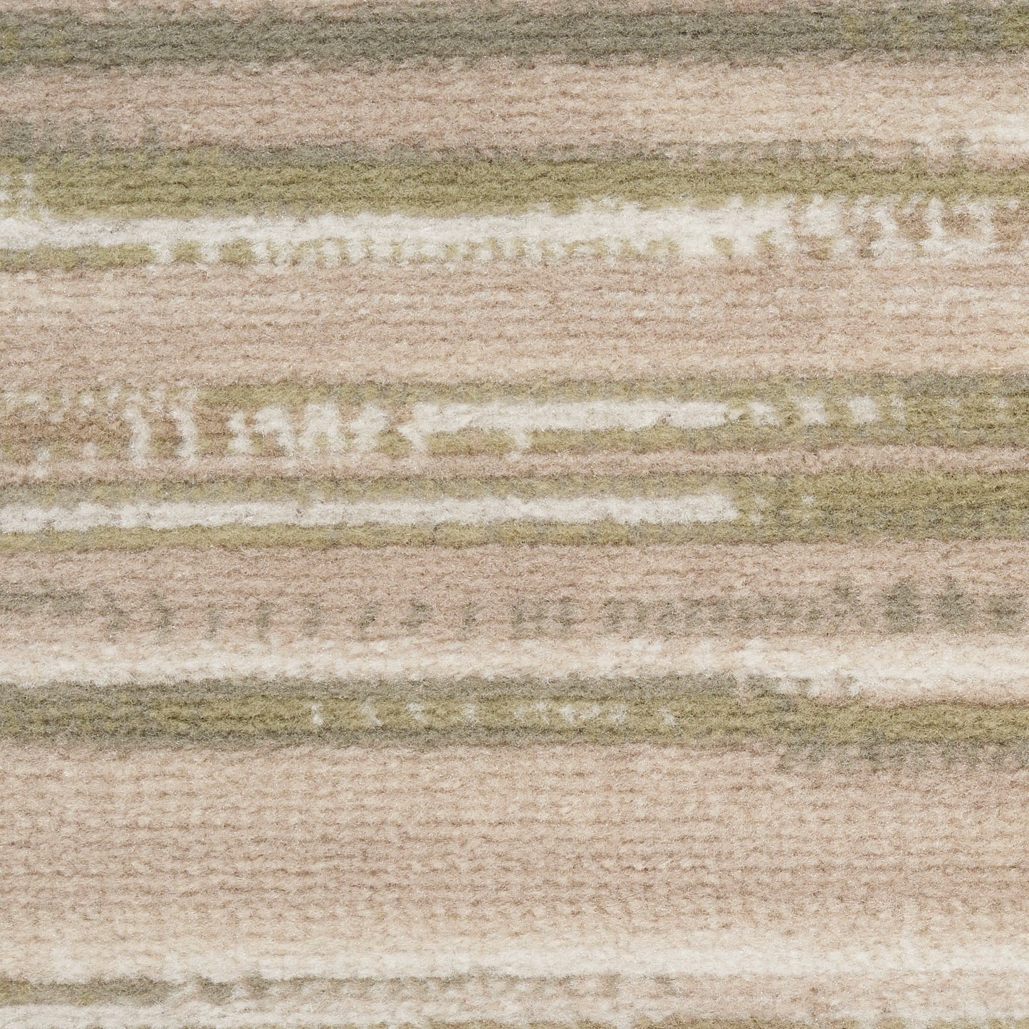 Neutral striped rug with cream, beige and sage green bands, soft textured pile for living room decor.