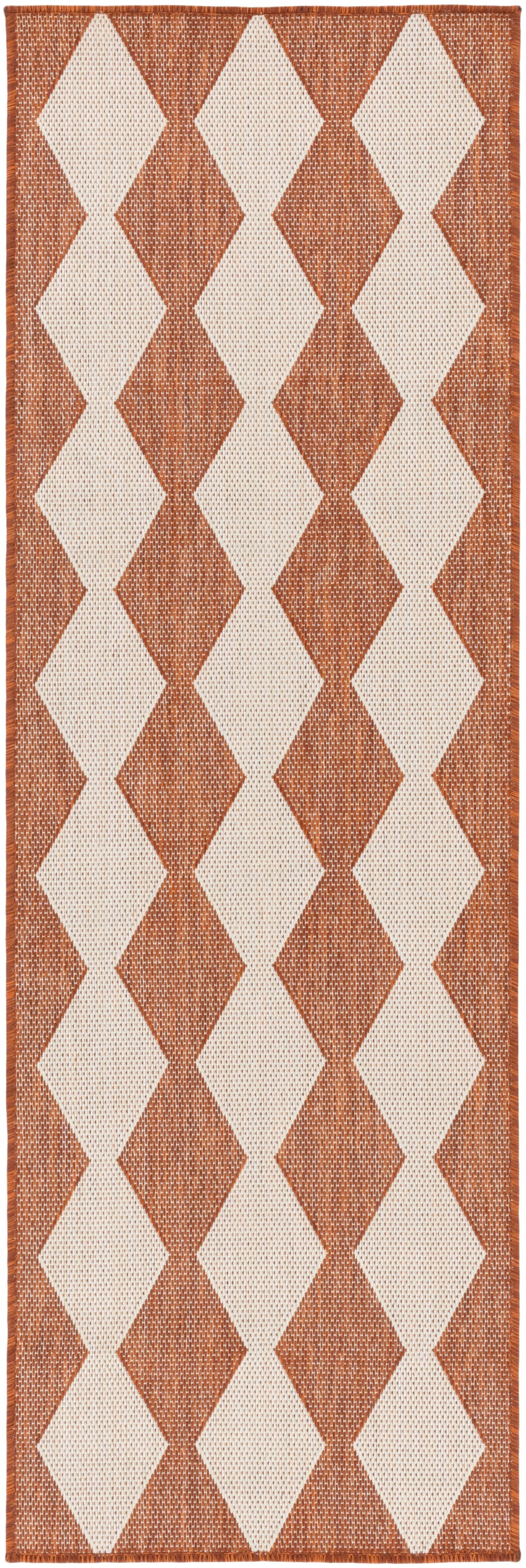 Woven runner rug with ivory and terracotta diamond pattern; textured jute look, geometric hallway decor.