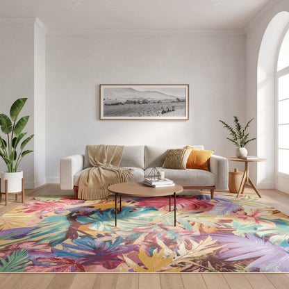 Cozy living room with beige sofa, knit throw, round wood coffee table, tropical leaf rug, plants, arched window.