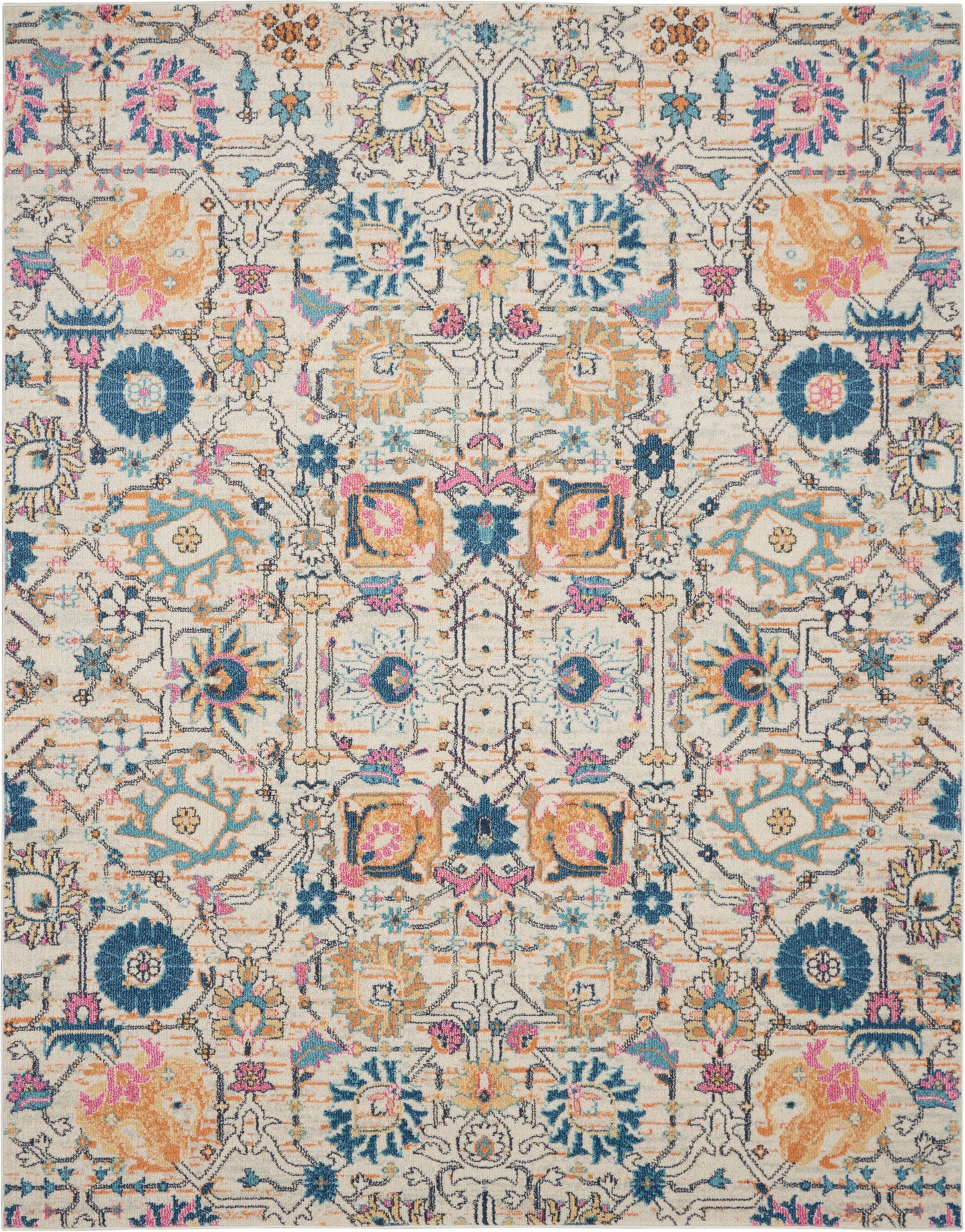 Colorful vintage-style oriental area rug on cream with teal, peach, pink & blue florals; distressed medallion pattern.