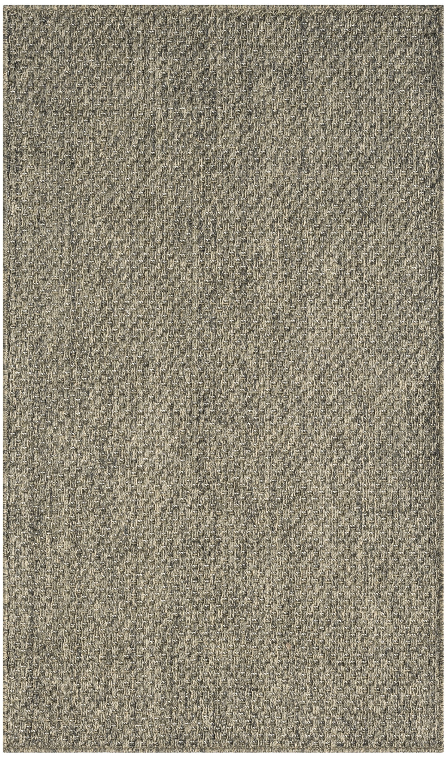 Taupe-gray woven rug with tight basketweave texture; rectangular, durable floor mat for living room or entry.
