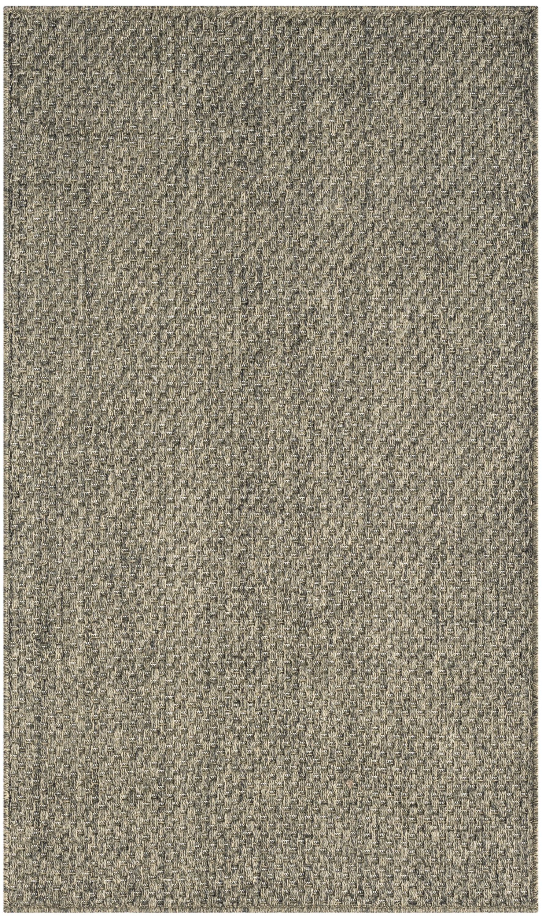 Taupe-gray woven rug with tight basketweave texture; rectangular, durable floor mat for living room or entry.
