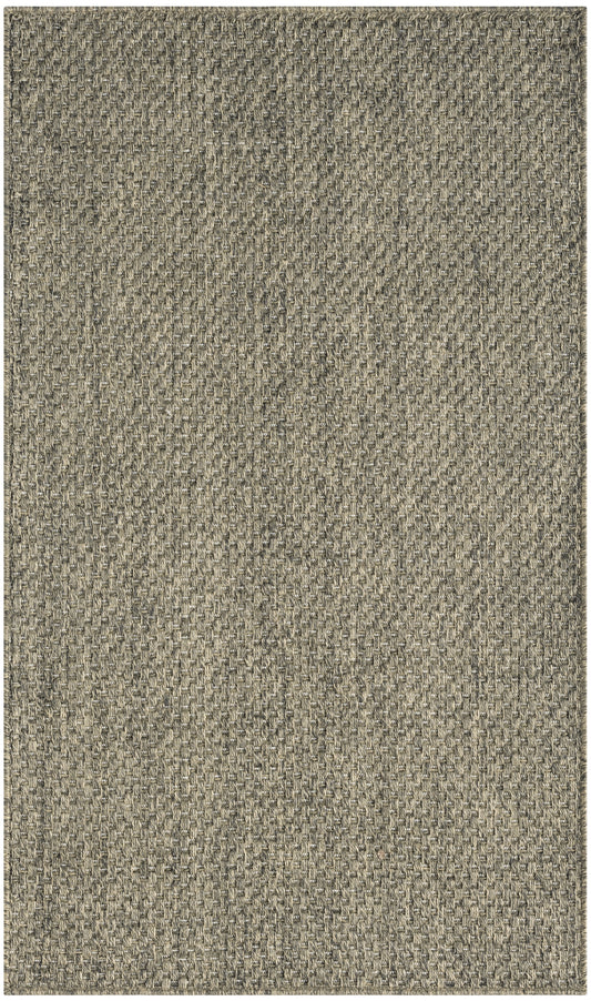 Taupe-gray woven rug with tight basketweave texture; rectangular, durable floor mat for living room or entry.
