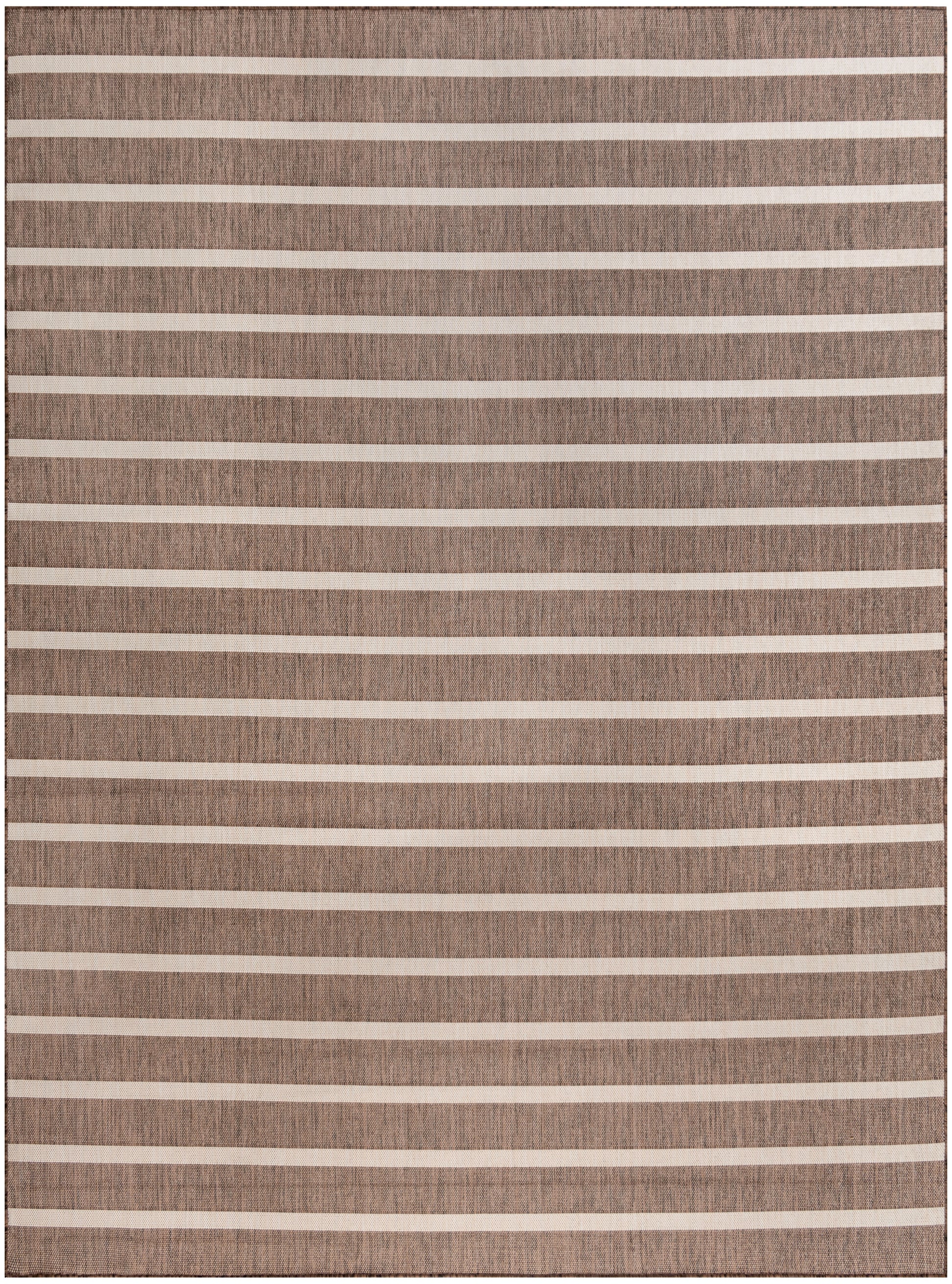 Rectangular brown woven rug with cream horizontal stripes, natural fiber texture, casual contemporary decor.