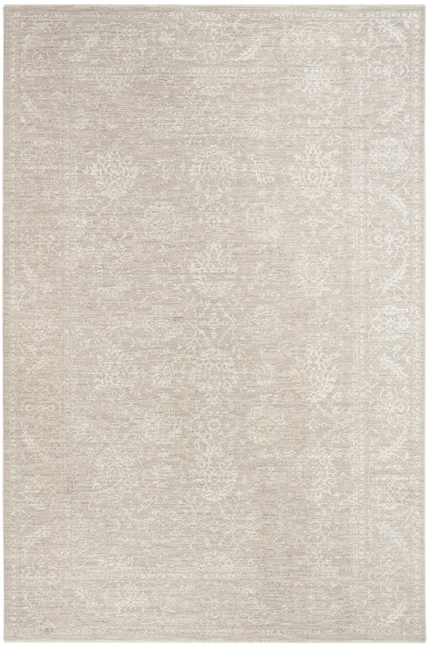 Neutral beige area rug with faded ivory floral medallions and decorative border, vintage-inspired.