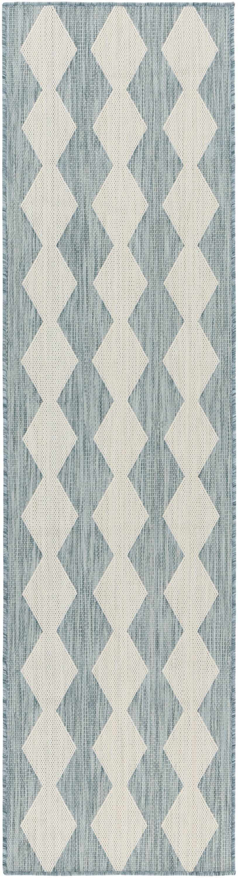 Blue and ivory diamond-patterned woven rug runner with fringed ends, ideal for hallway or entry.