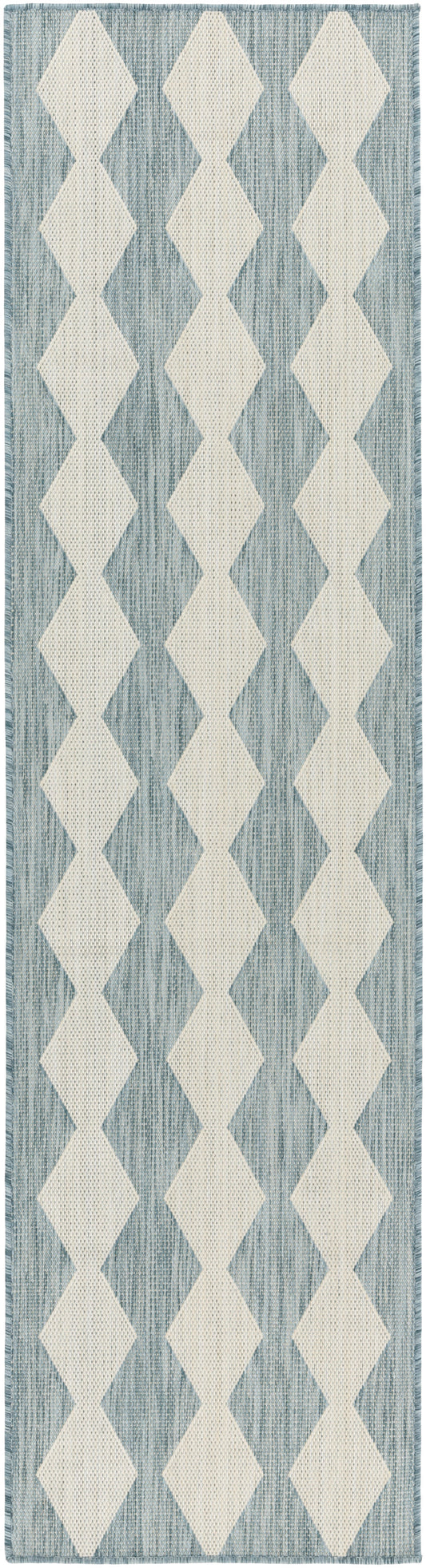 Blue and ivory diamond-patterned woven rug runner with fringed ends, ideal for hallway or entry.