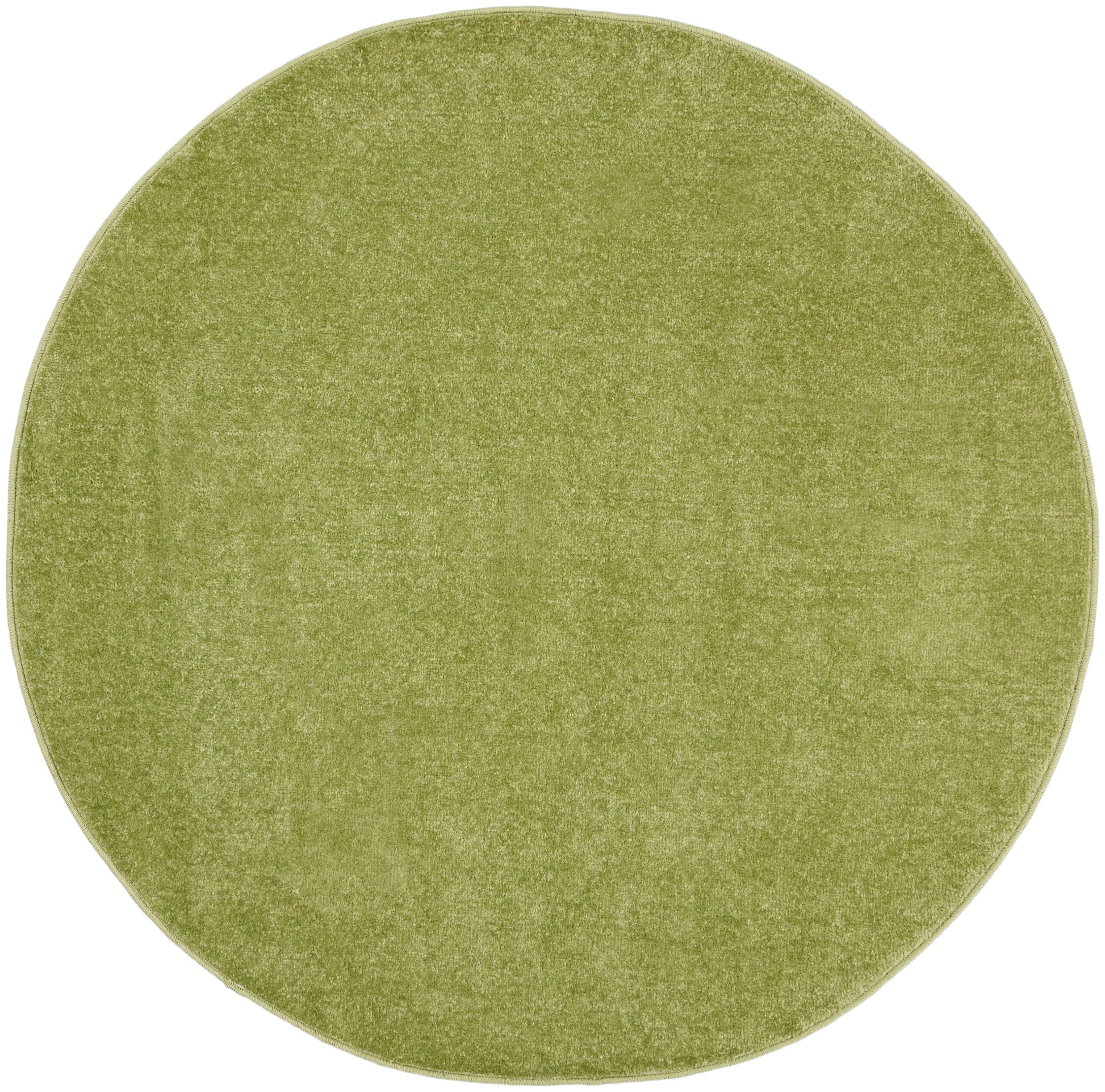 Round olive-green rug with soft pile and bound edge.