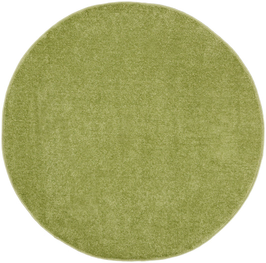 Round olive-green rug with soft pile and bound edge.