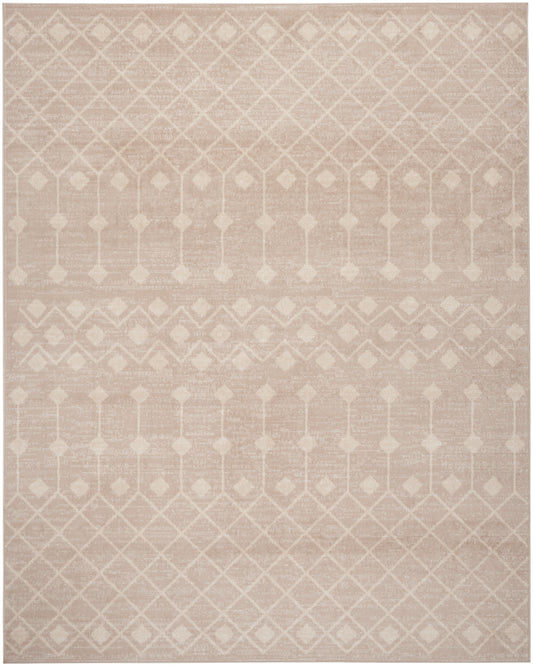 Beige flatwoven rug with ivory diamond lattice pattern & soft neutral tones; versatile decor piece.
