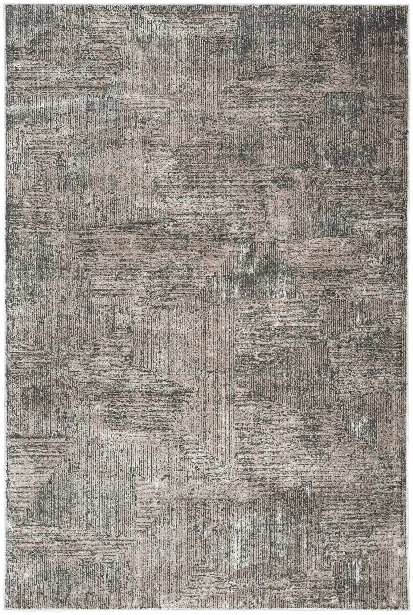 Rectangular geometric abstract area rug in taupe, gray and charcoal tones with distressed blocks and textured weave.