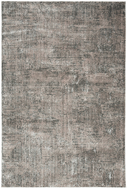 Rectangular geometric abstract area rug in taupe, gray and charcoal tones with distressed blocks and textured weave.