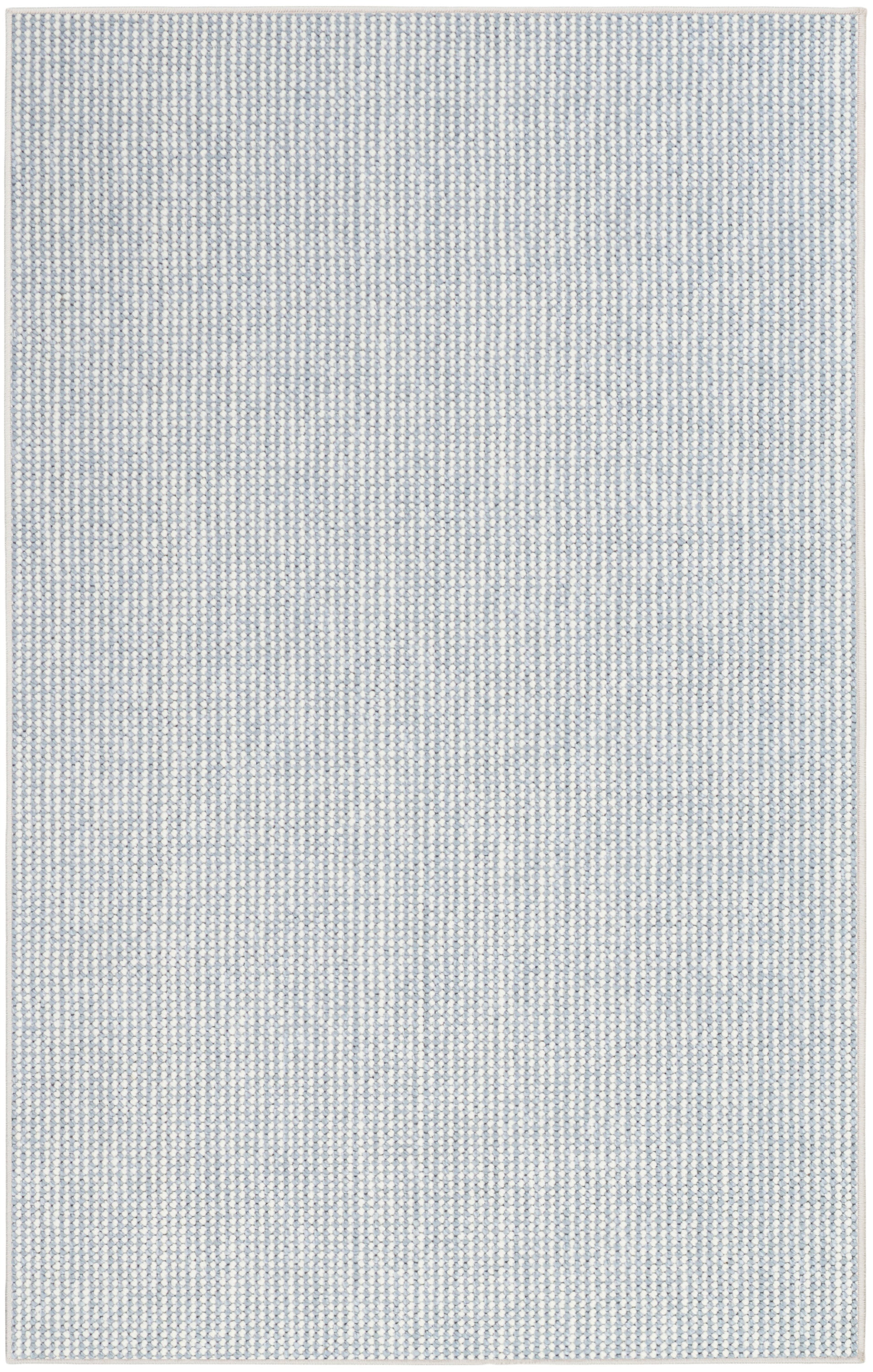 Light blue speckled flat-weave rug with subtle white grid and beige border.