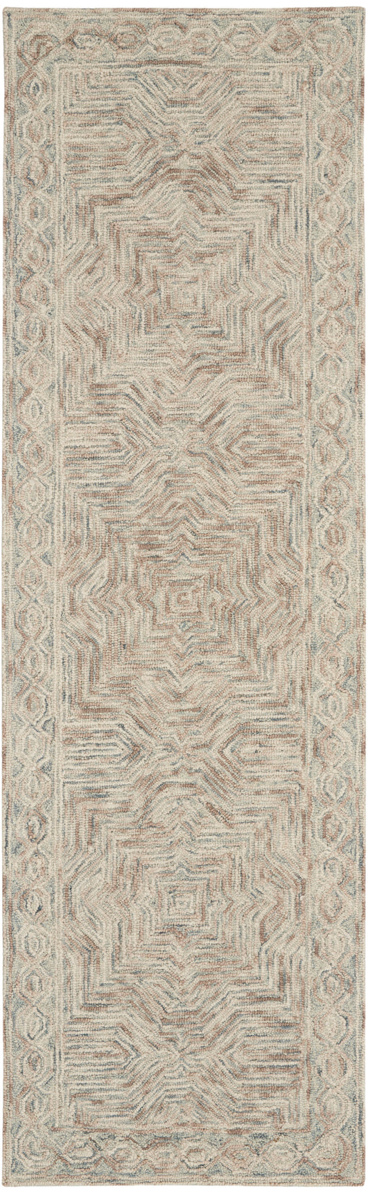 Neutral area rug with blush pink and pale blue-gray geometric stepped motif and ornate border.