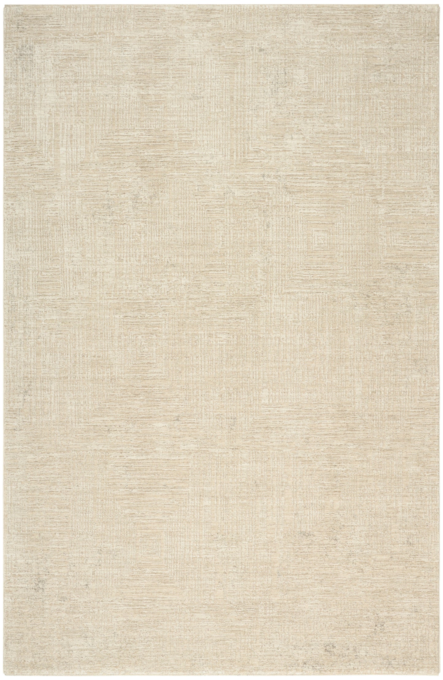 Beige rectangular area rug with a subtle distressed geometric texture; neutral, soft cream tones.