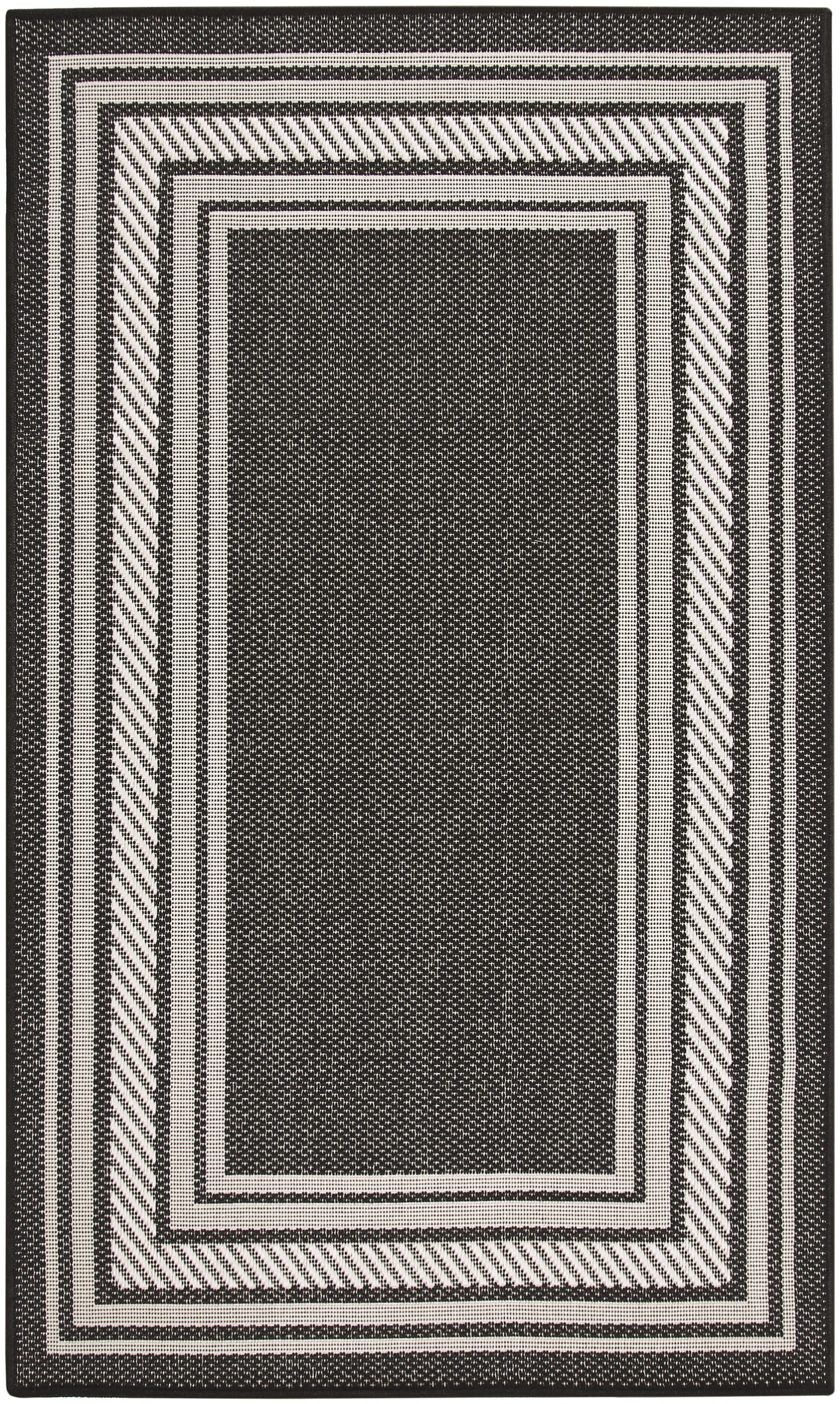 Black and white rectangular area rug with layered borders and diagonal-striped outer frame modern geometric design