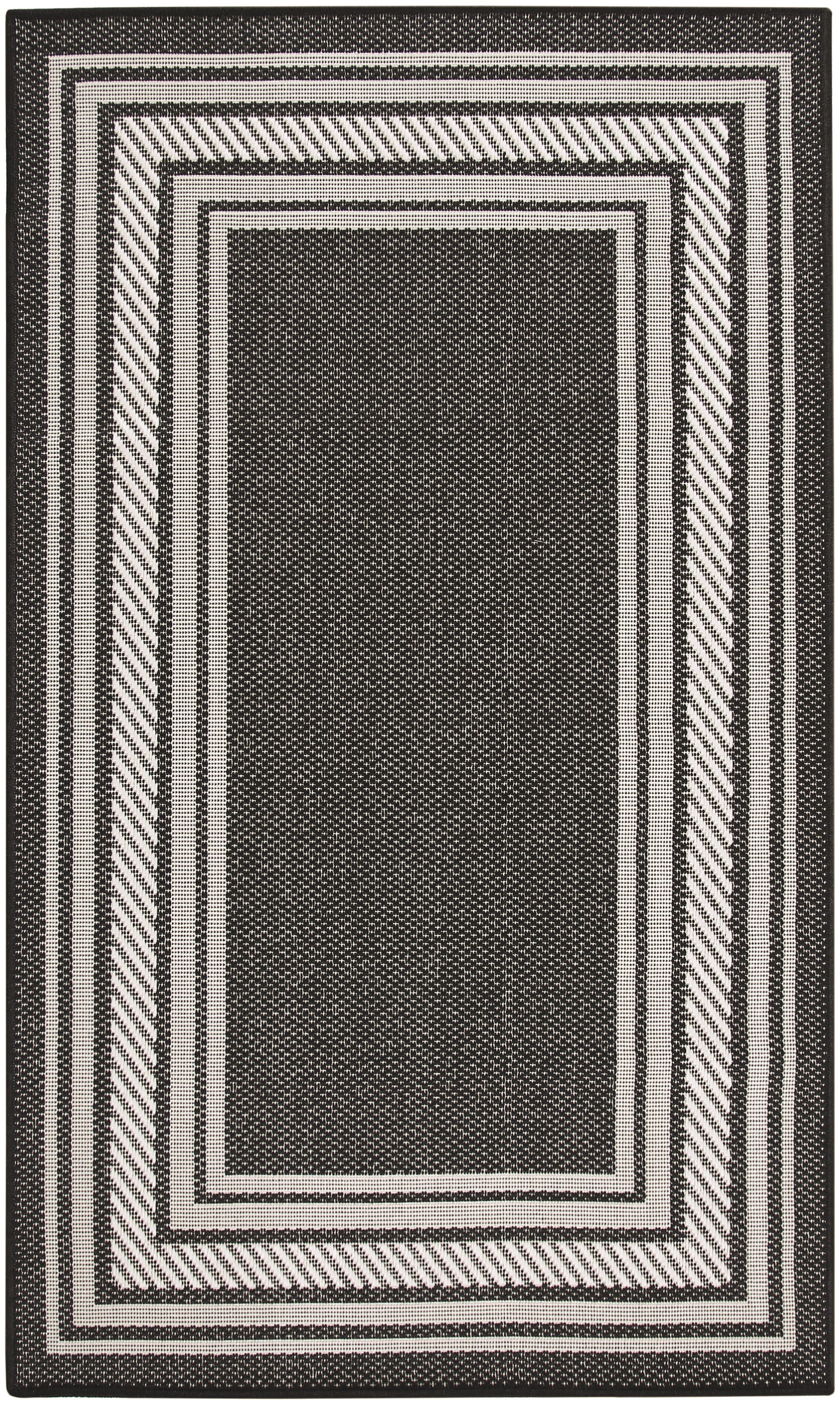Black and white rectangular area rug with layered borders and diagonal-striped outer frame modern geometric design