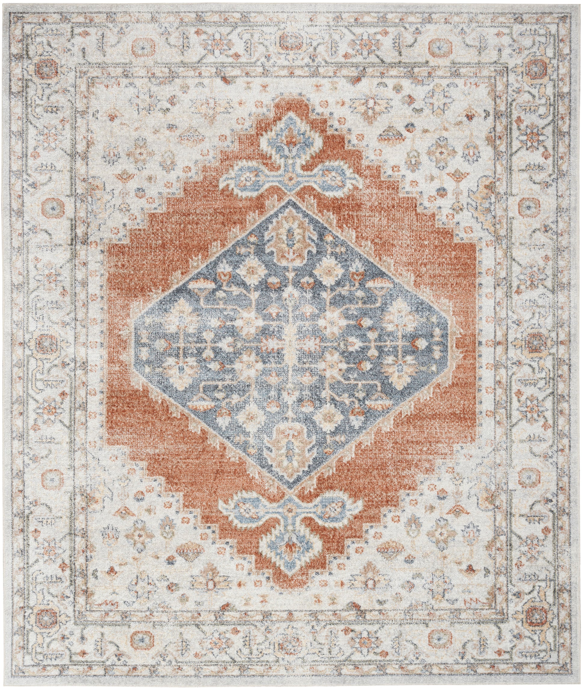 Rectangular distressed oriental rug with a blue diamond center, rust surround, and ivory floral border.