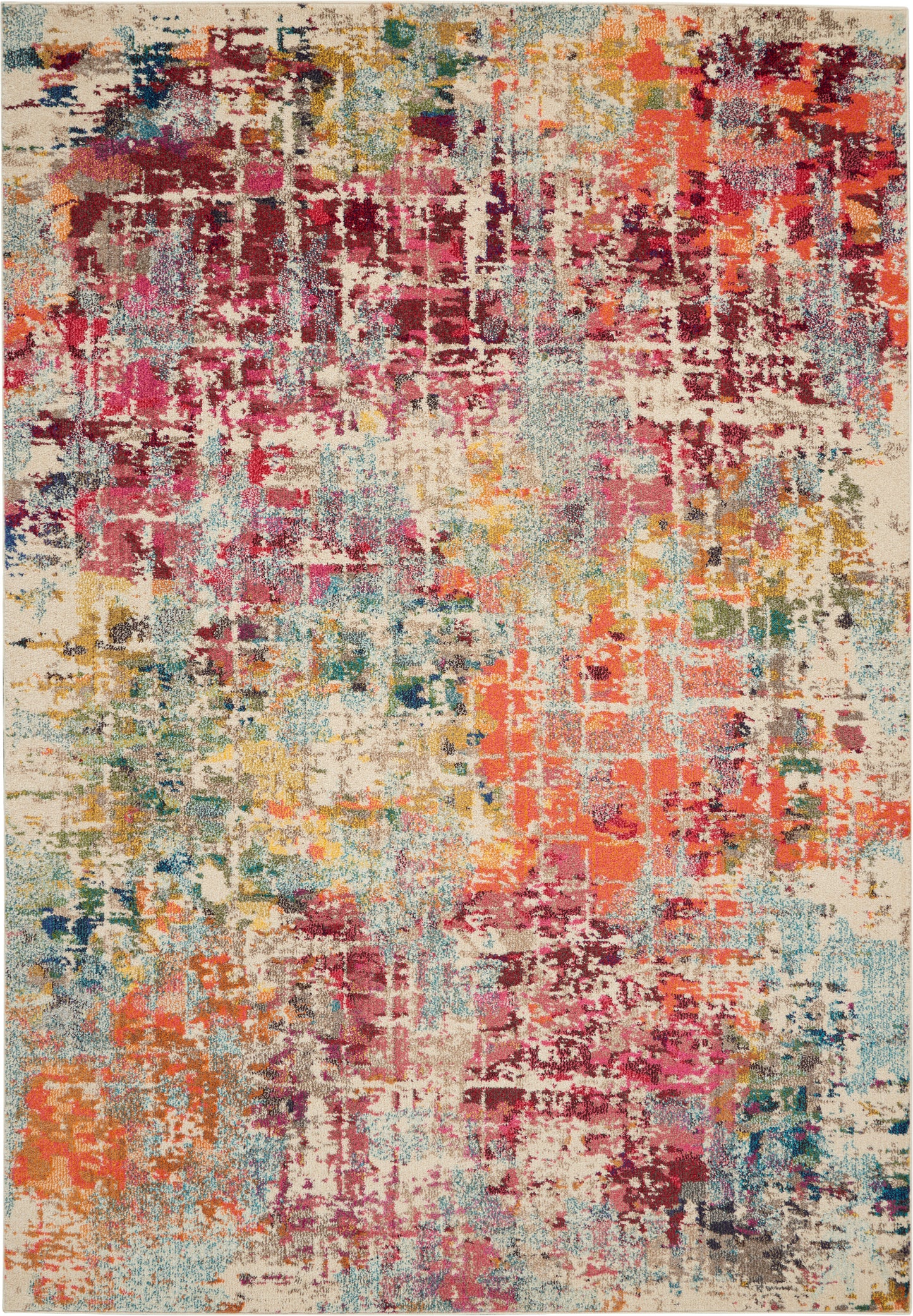 Modern abstract area rug with a distressed grid pattern in reds, pinks, teals, oranges on cream.