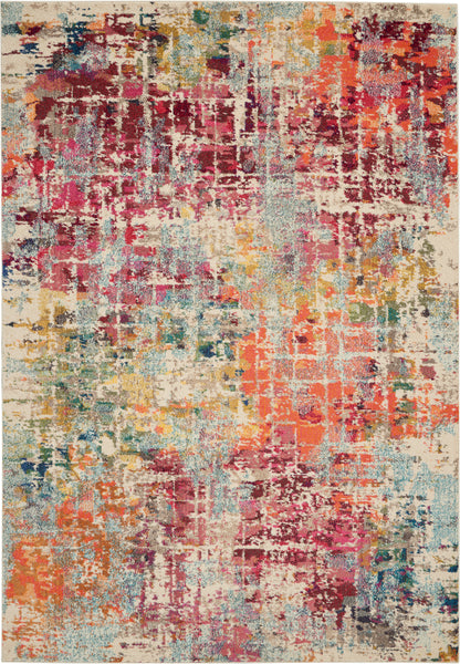 Modern abstract area rug with a distressed grid pattern in reds, pinks, teals, oranges on cream.