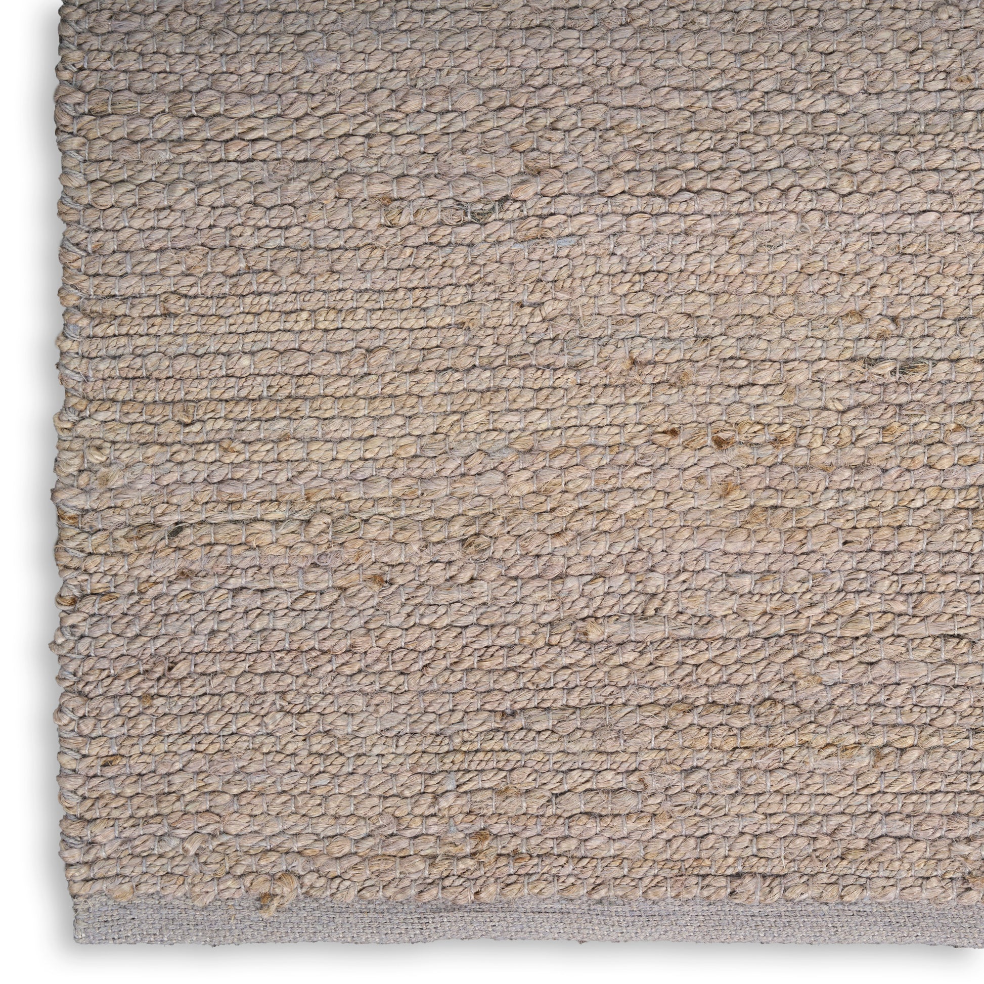 Beige loop-pile rug close-up with natural fiber texture, subtle grey border and earthy tones.