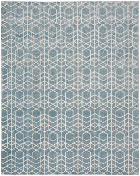 Blue-gray woven area rug with white geometric hex/cube lattice pattern for modern living spaces.