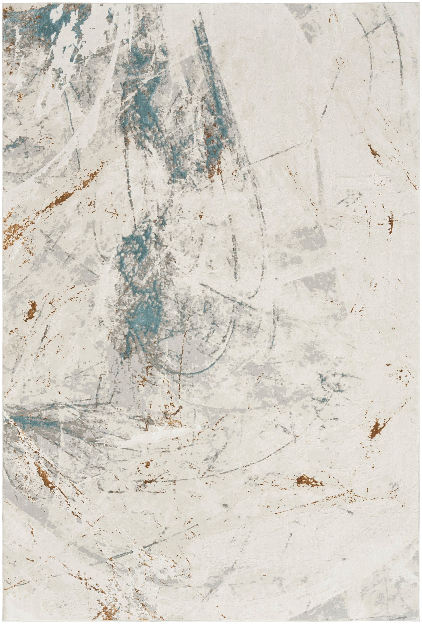 Abstract textured canvas with pale cream background, teal brushstrokes and rust-brown specks.