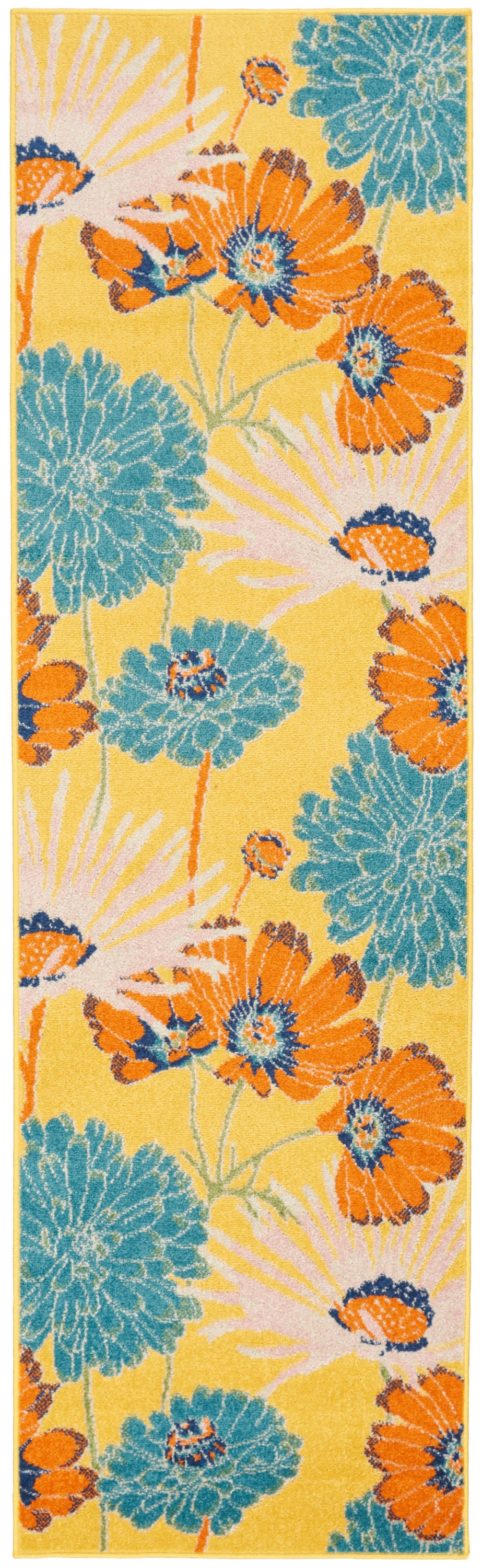 Bright yellow floral runner rug with teal-blue flowers and orange blossoms, sunburst accents, narrow length