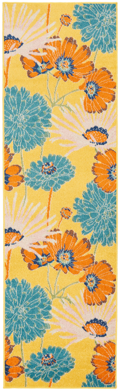Bright yellow floral runner rug with teal-blue flowers and orange blossoms, sunburst accents, narrow length