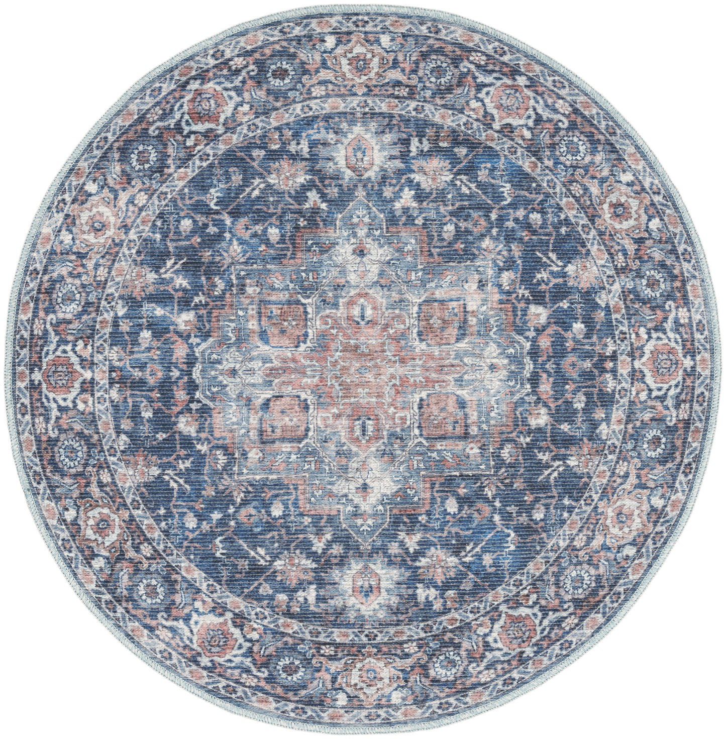 Round Persian-style rug in navy blue with blush pink and ivory, ornate central medallion and floral border.