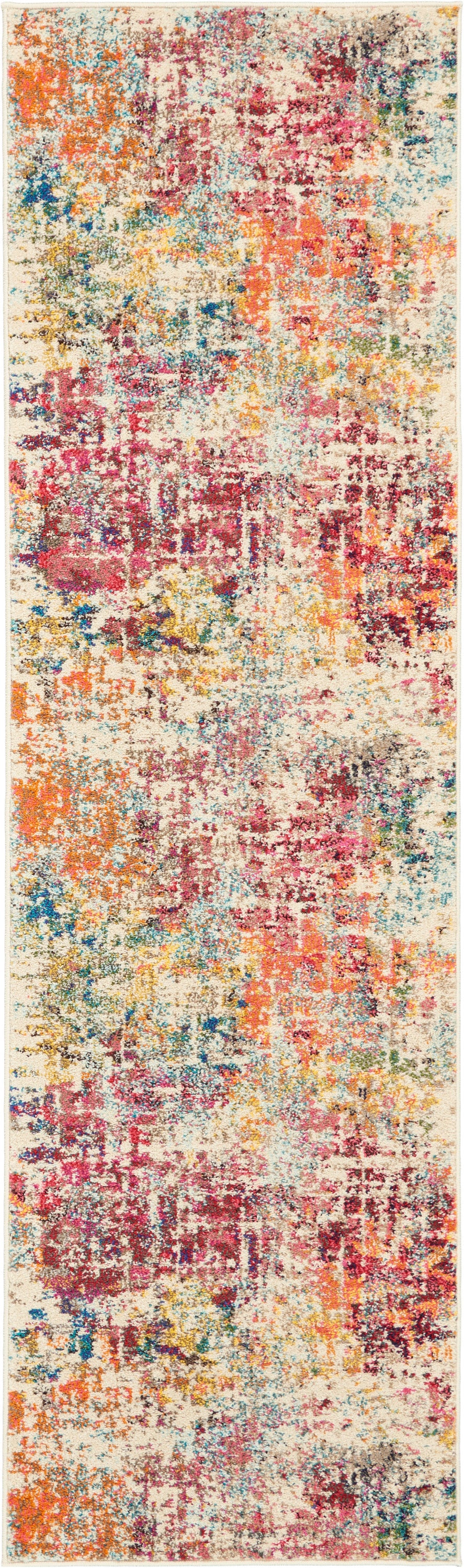 Long abstract multicolor runner rug with a distressed pattern in orange, pink, blue, cream; rectangular, modern boho style.