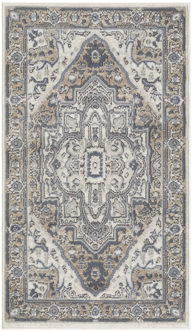 Traditional Persian-style area rug with ivory field, blue-gray central medallion, and ornate border.