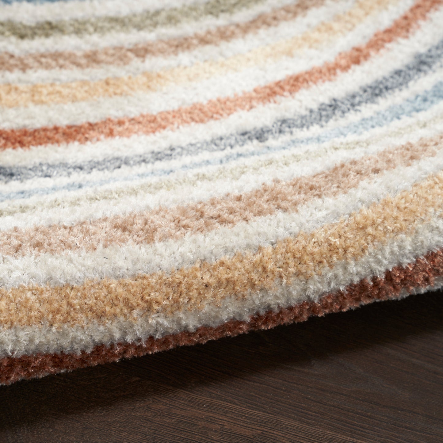 Close-up of a plush shag rug with tan, cream, blue and orange stripes on a dark wood floor.