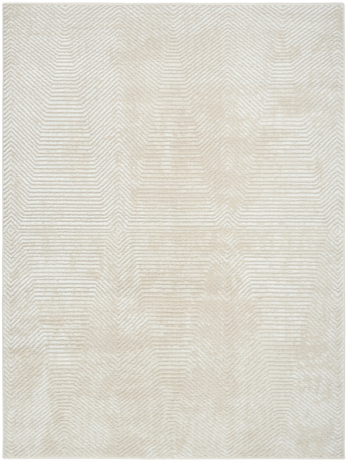 Cream-beige area rug with subtle chevron pattern in a light woven texture.
