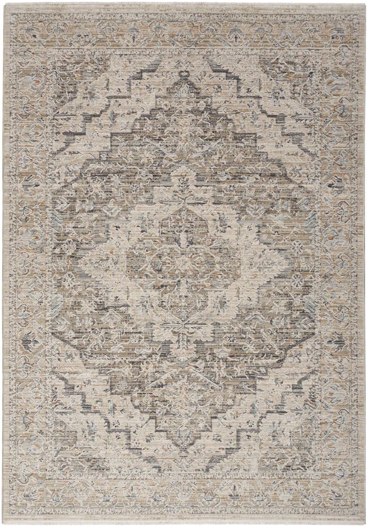 Neutral-toned rectangular area rug with distressed traditional medallion, ornate border, in beige, ivory, taupe and gray.